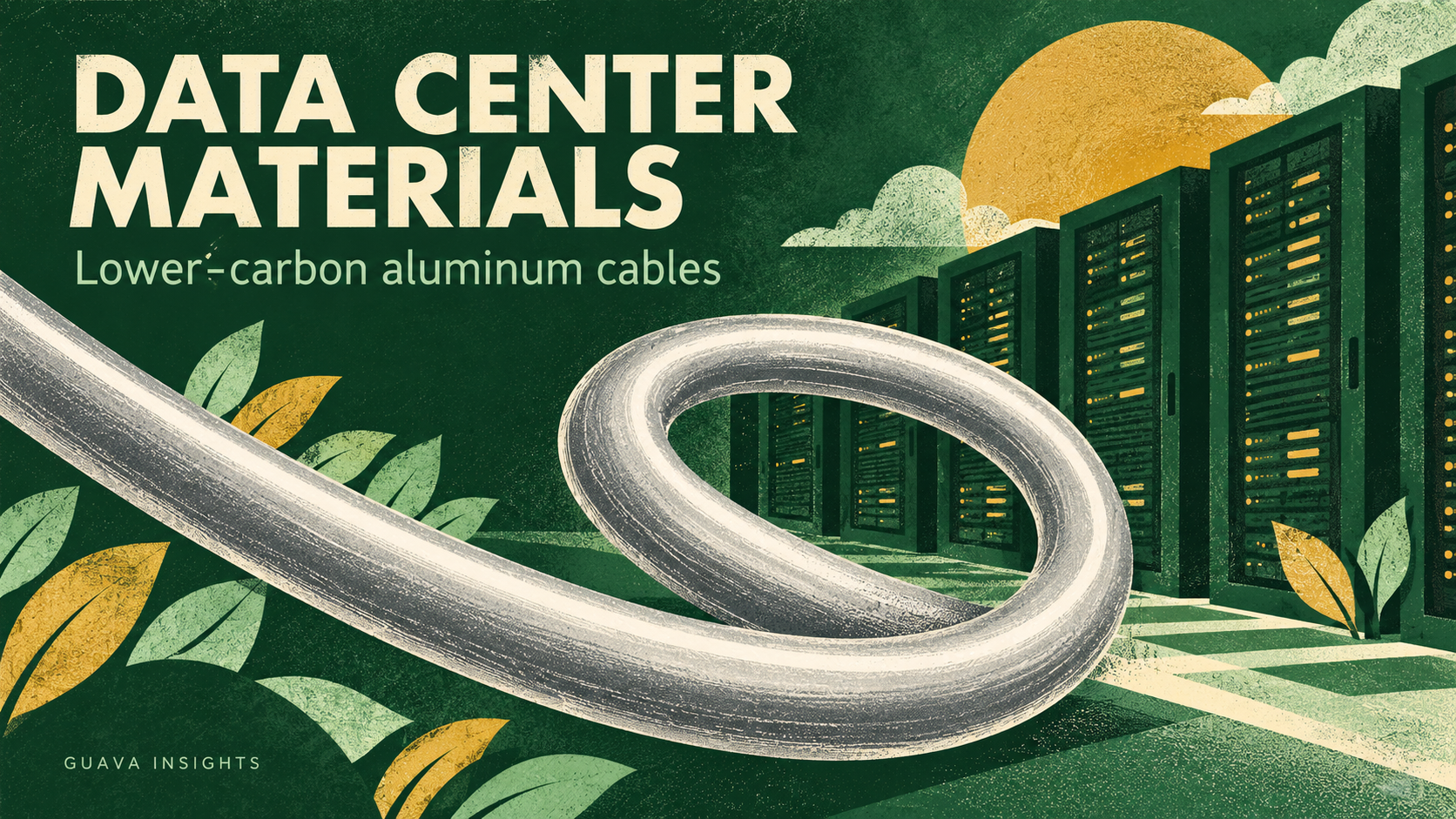 Green and gold screenprint-style illustration of a silver electrical cable and data-center cabinets.