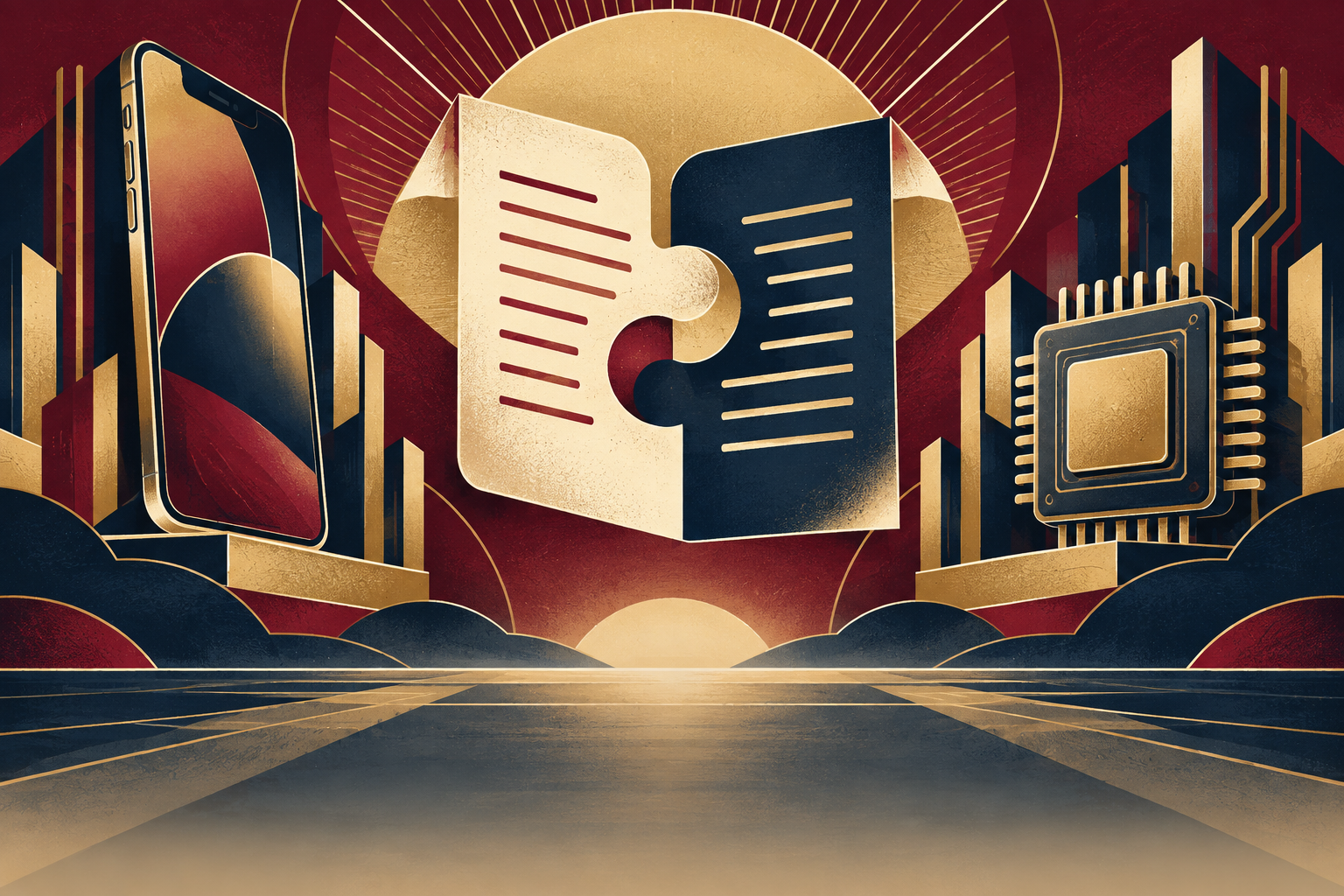 Burgundy and gold Art Deco illustration of a licensing document, smartphone and semiconductor