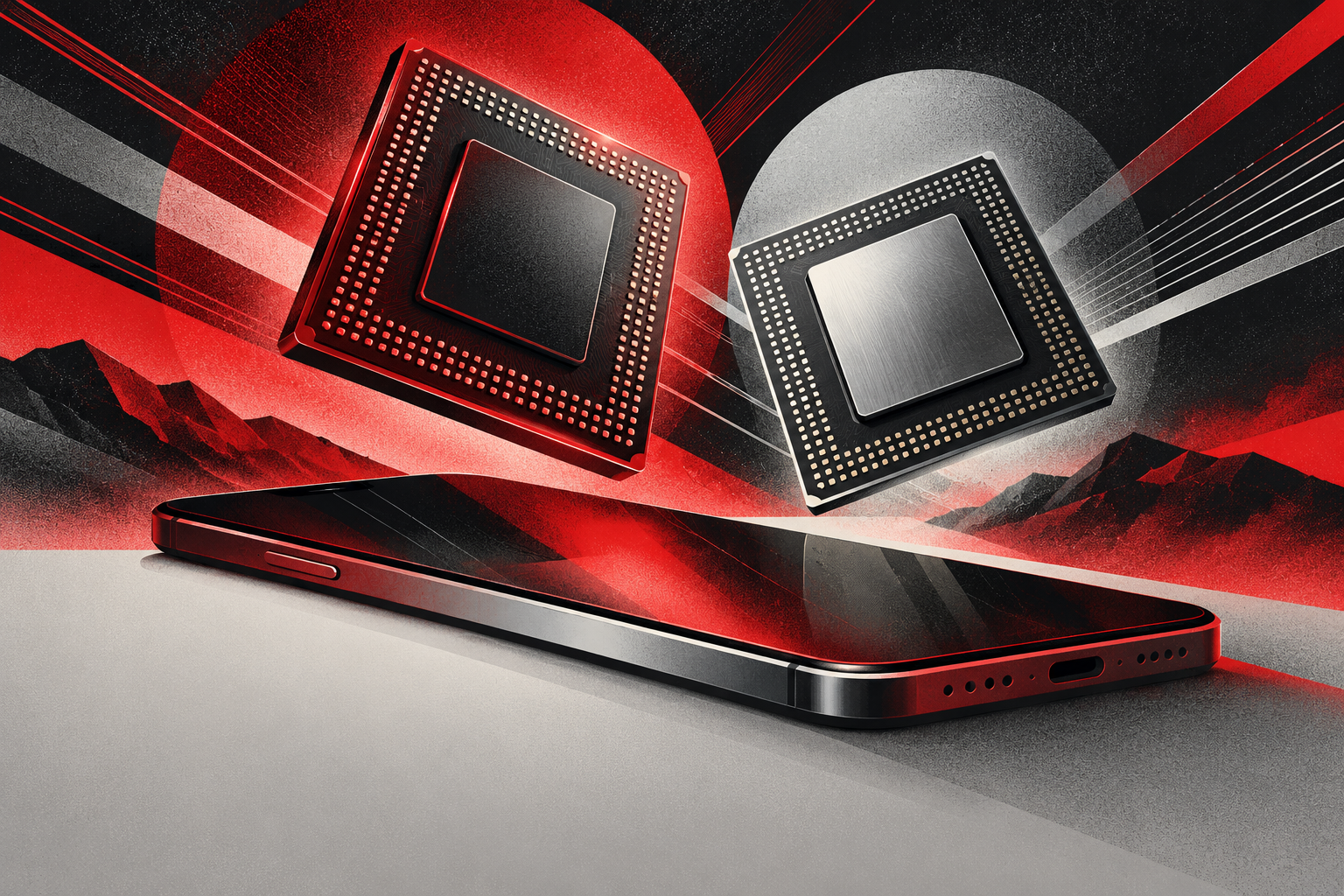 Red and silver screenprint-style illustration of two mobile chips above a smartphone
