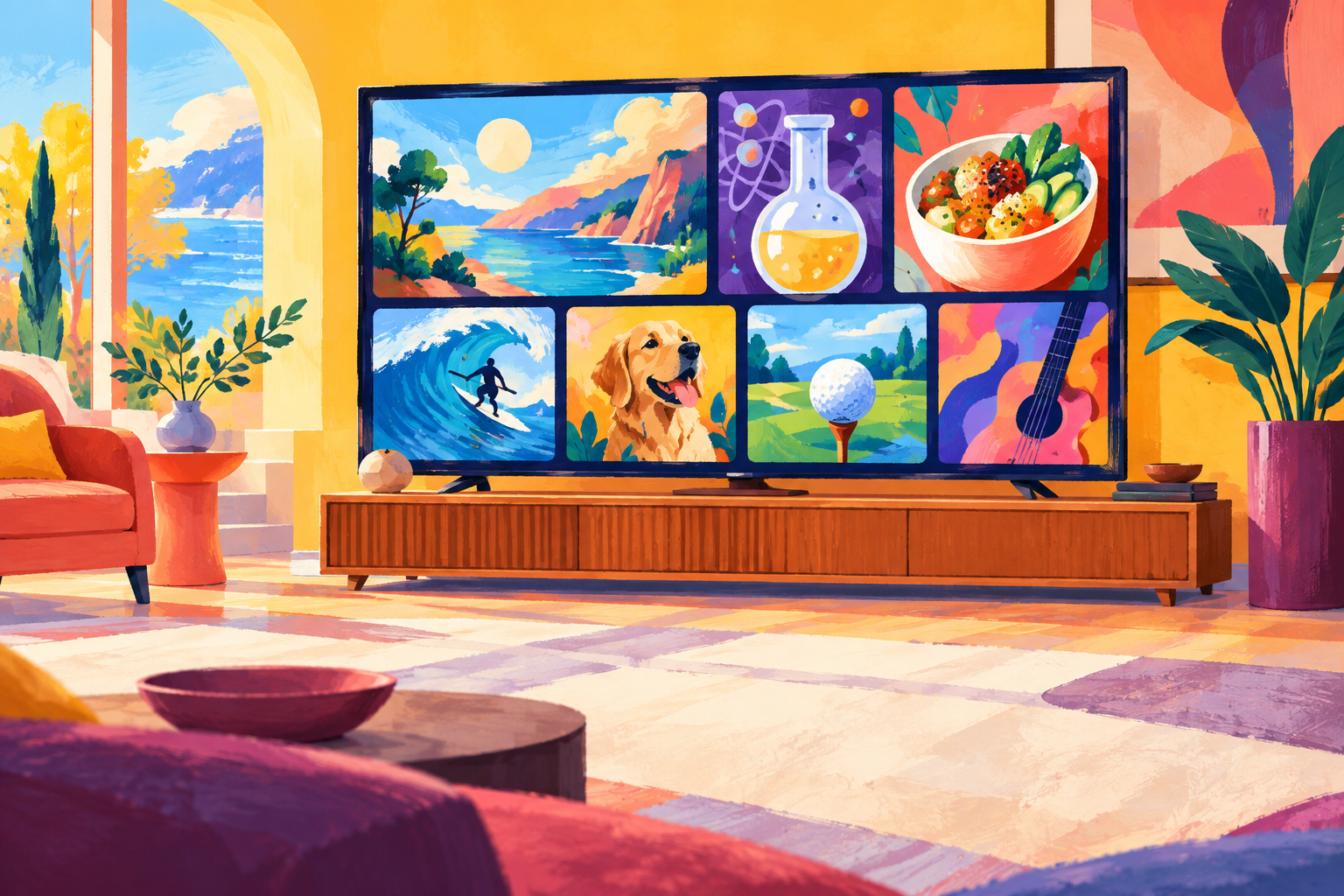 Yellow and coral gouache illustration of a television showing abstract science, food and sports content tiles