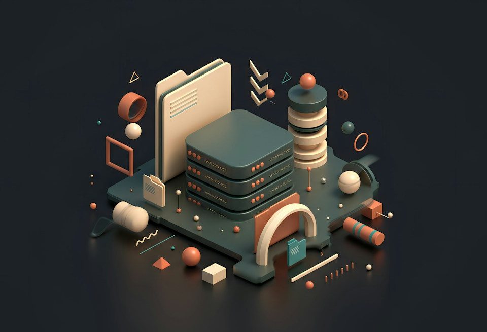 Isometric illustration of document folders, server stacks and a database.