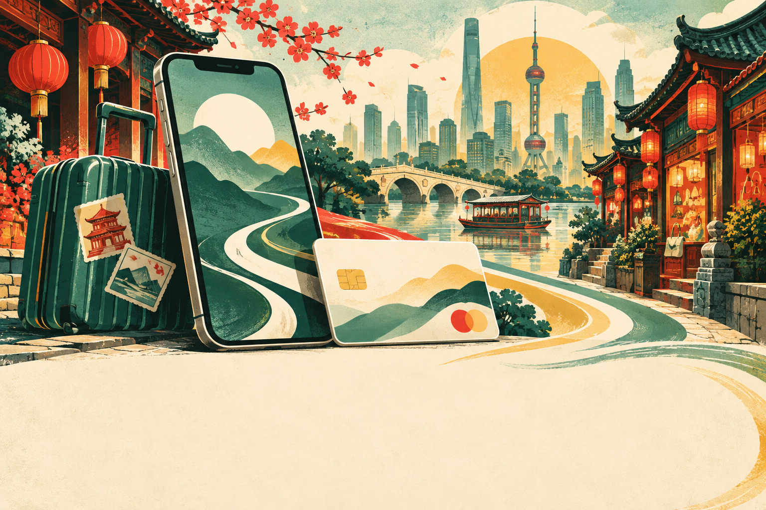 Jade and vermilion travel-poster illustration of a smartphone, suitcase and Chinese city shops