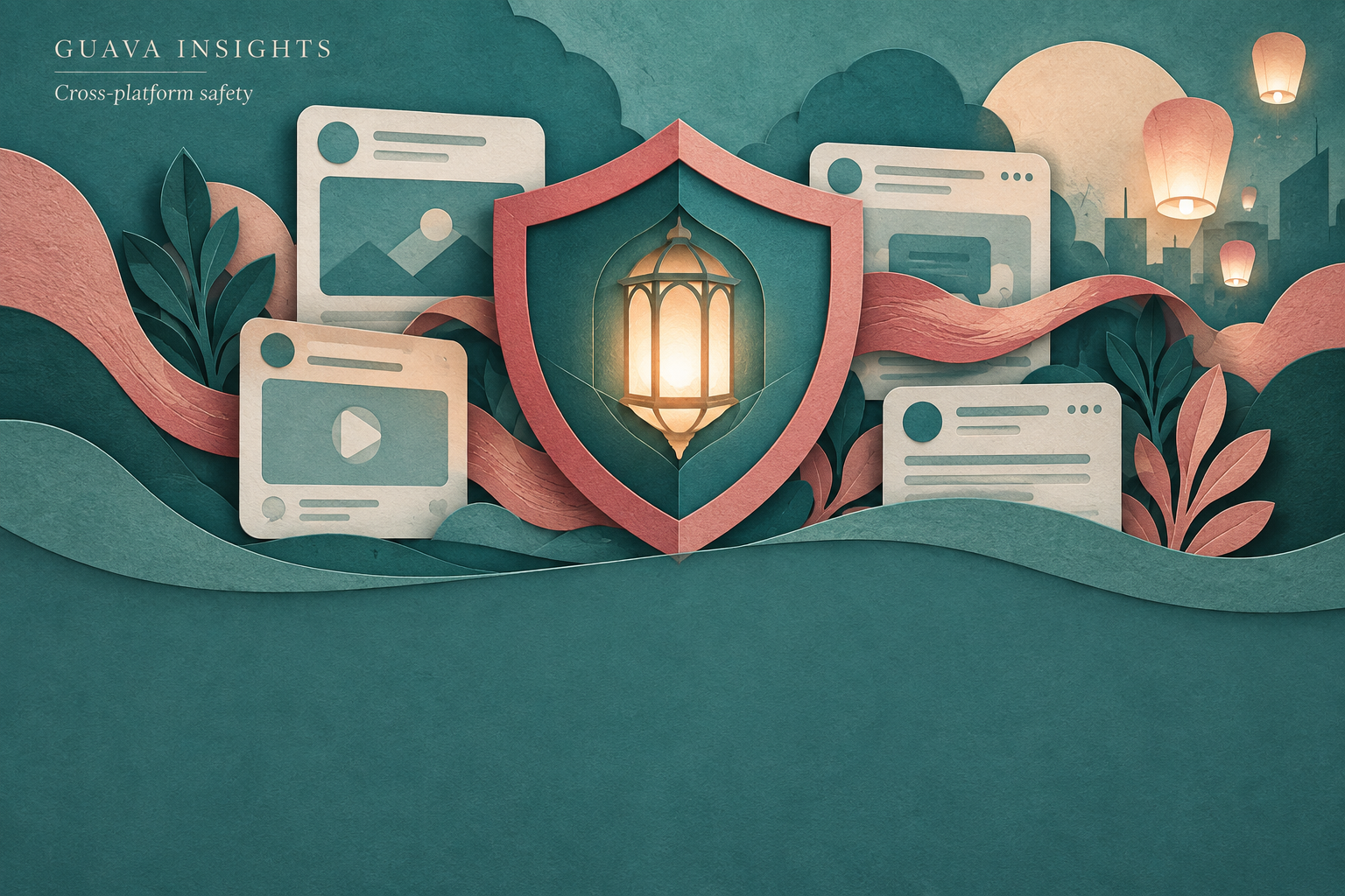 Teal and rose paper collage of a shield, lantern and social-platform windows.
