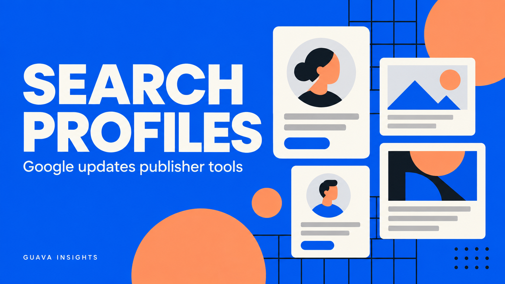 Blue and apricot illustration of publisher profile cards and article thumbnails.