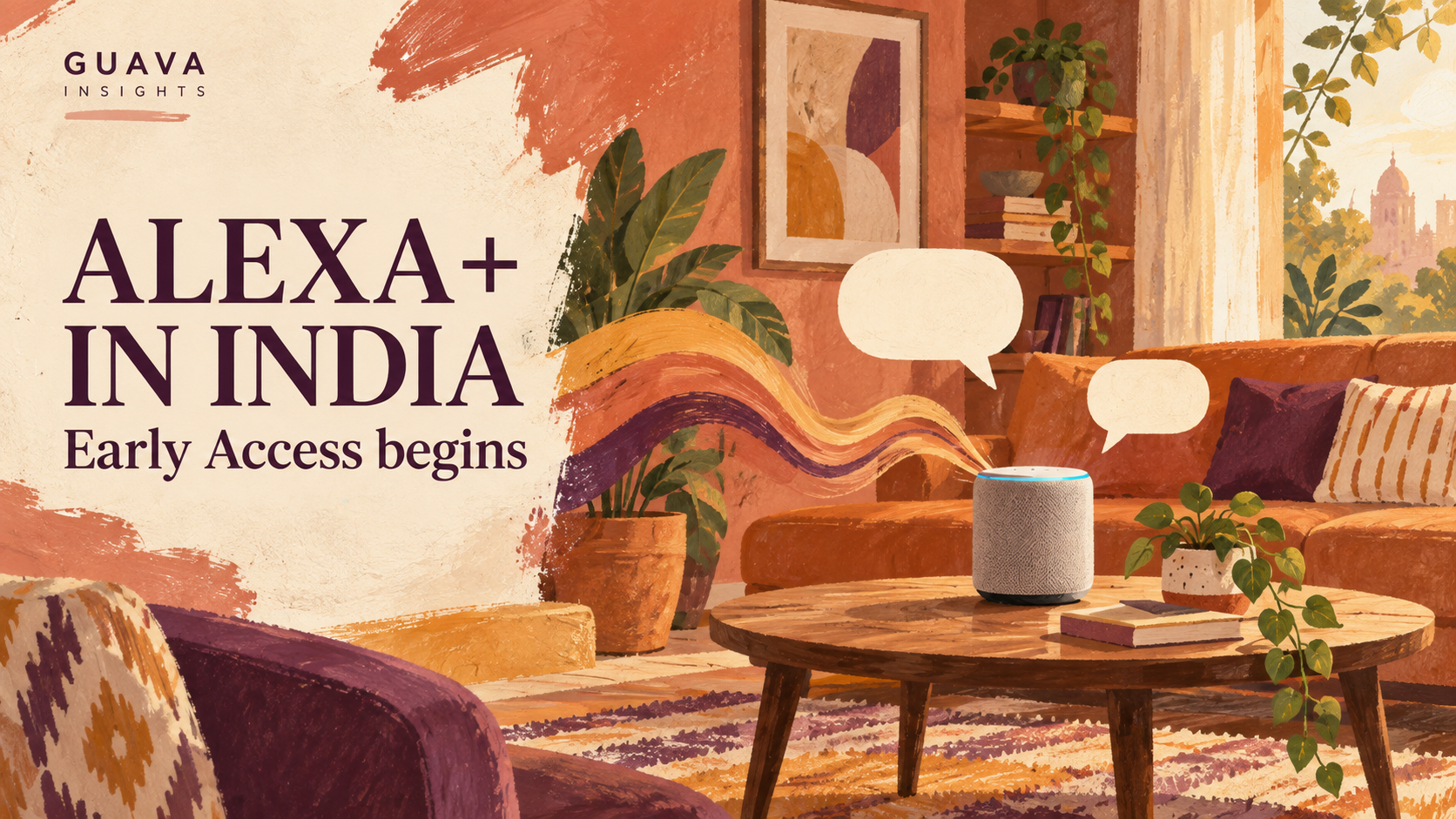 Warm painted illustration of a living room with a smart speaker and speech bubbles.