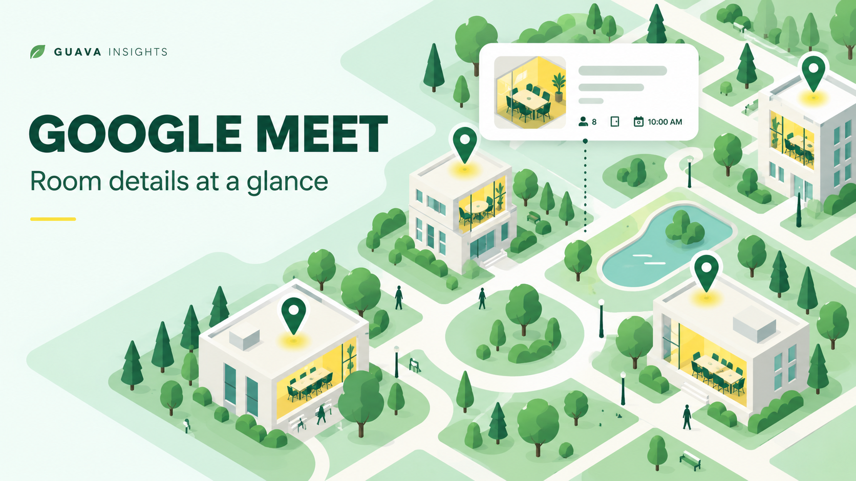Mint and yellow isometric illustration of office buildings, location pins and a meeting card.