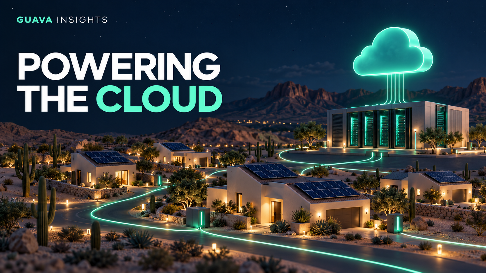 Conceptual illustration of a desert community and data centre beneath a glowing cloud.