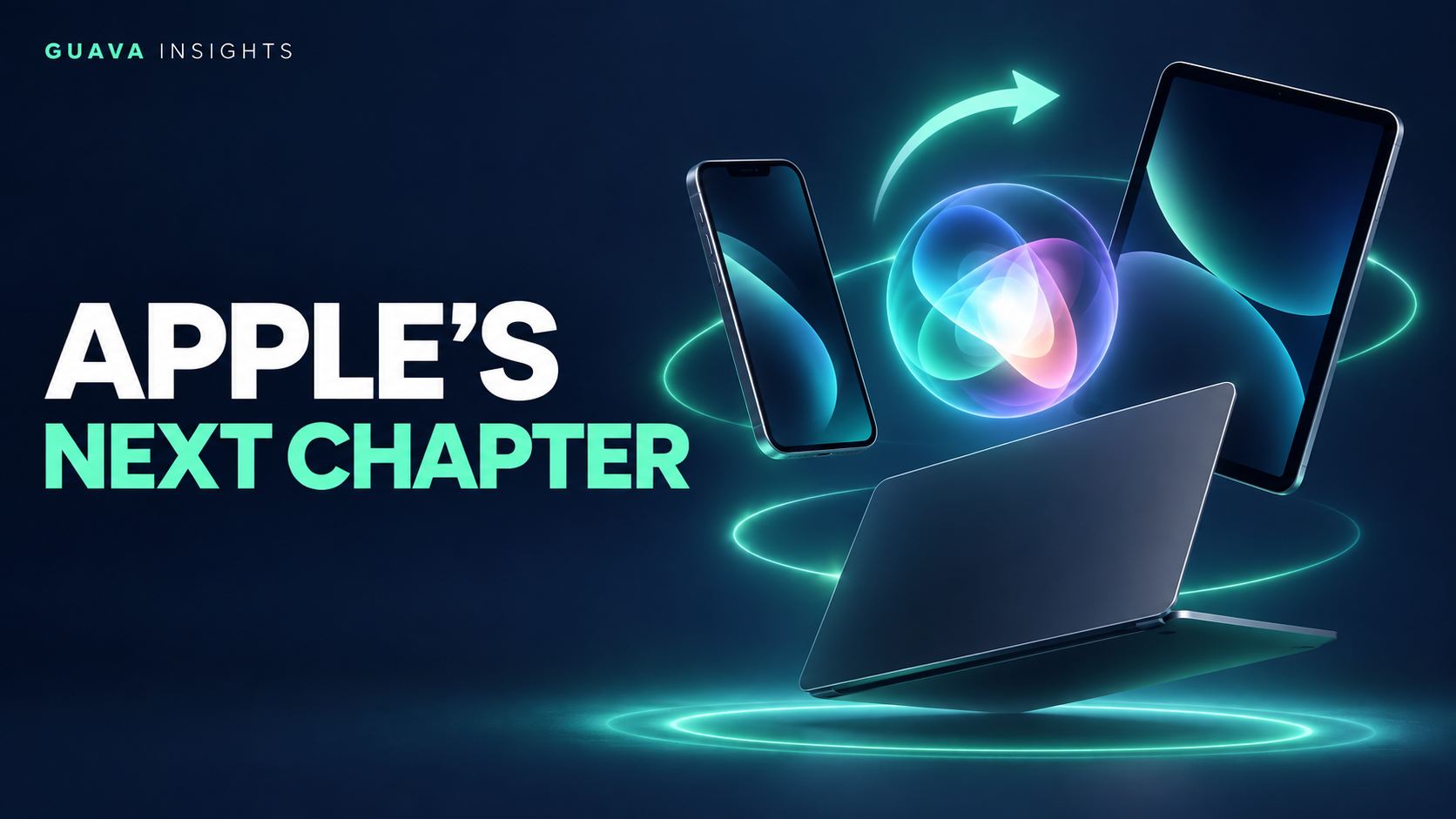 Illustrated phone, tablet and laptop surrounding a glowing assistant symbol and update arrow.