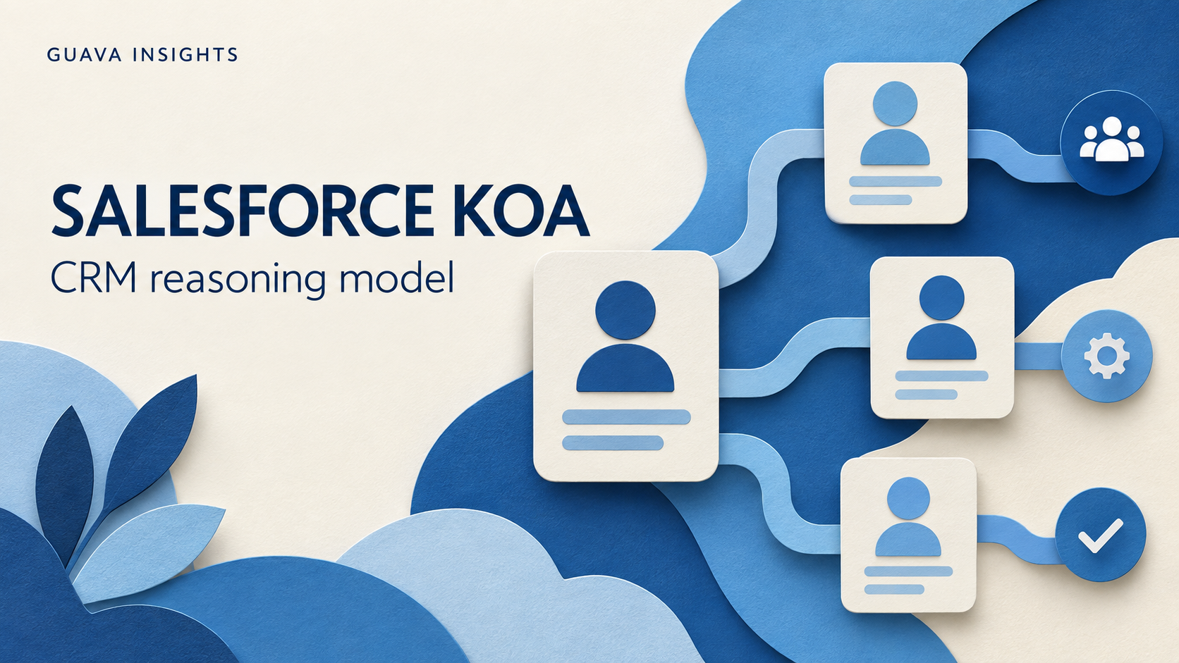 Blue and cream paper-cut illustration of connected customer profile cards and workflow symbols.
