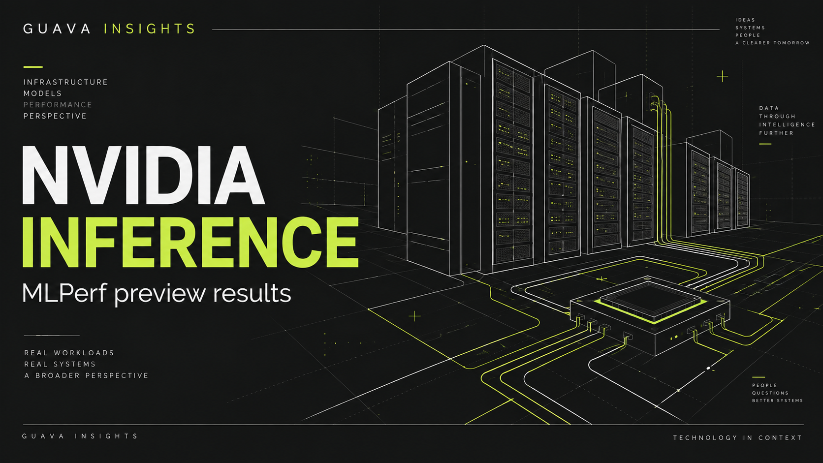 Lime and white line illustration of server racks and a processor on a charcoal background.