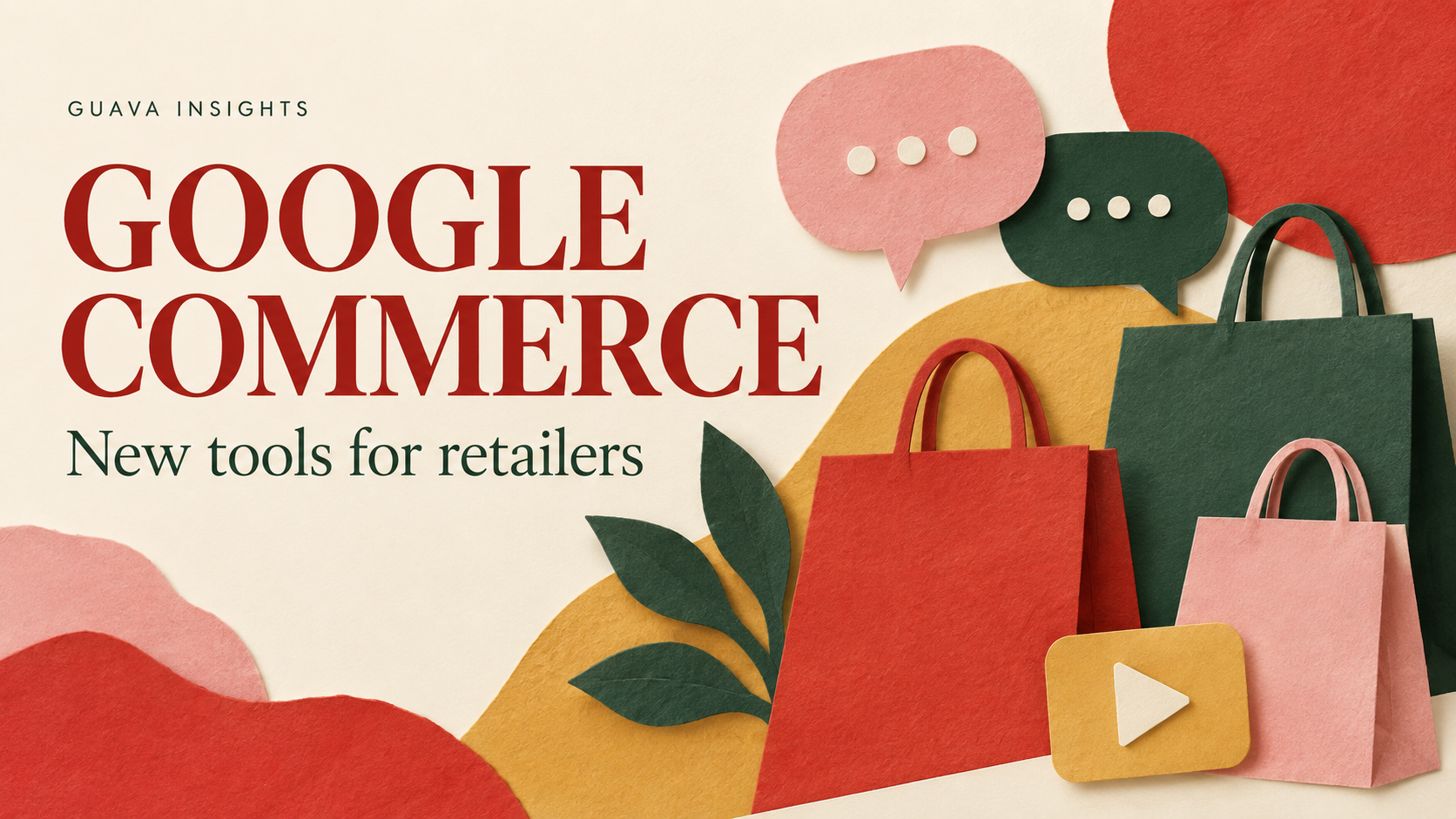 Paper-cut shopping bags and conversation bubbles in red, green and pink.