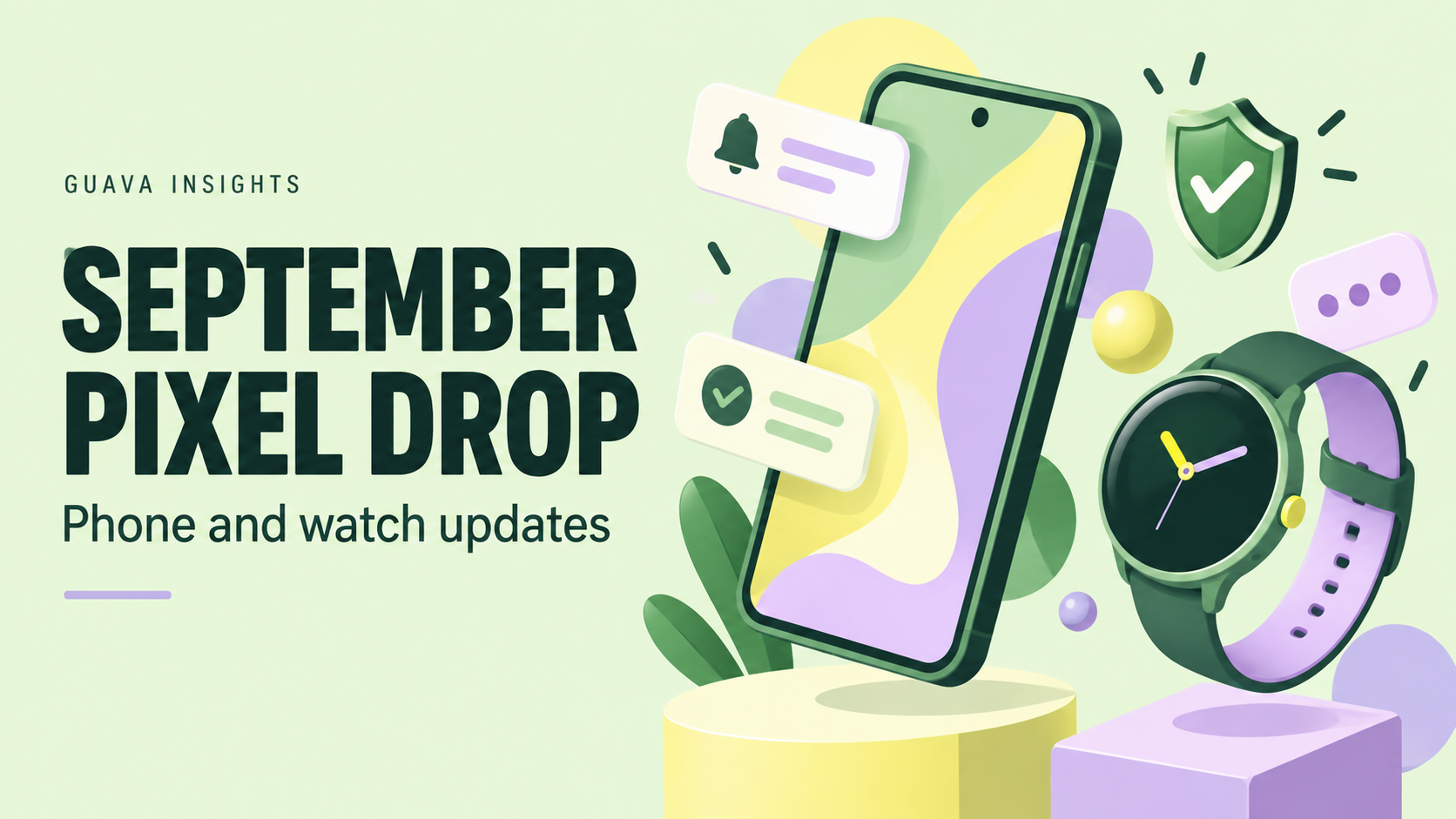 Green and lilac illustration of a phone, wristwatch and notification symbols.