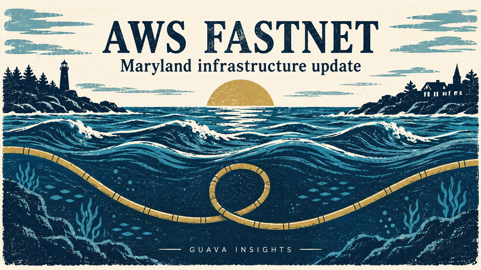 Linocut-style ocean illustration with a gold subsea cable between two shores.