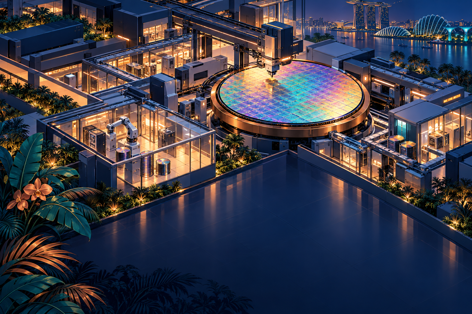 Indigo and copper isometric illustration of a conceptual semiconductor factory and oversized silicon wafer