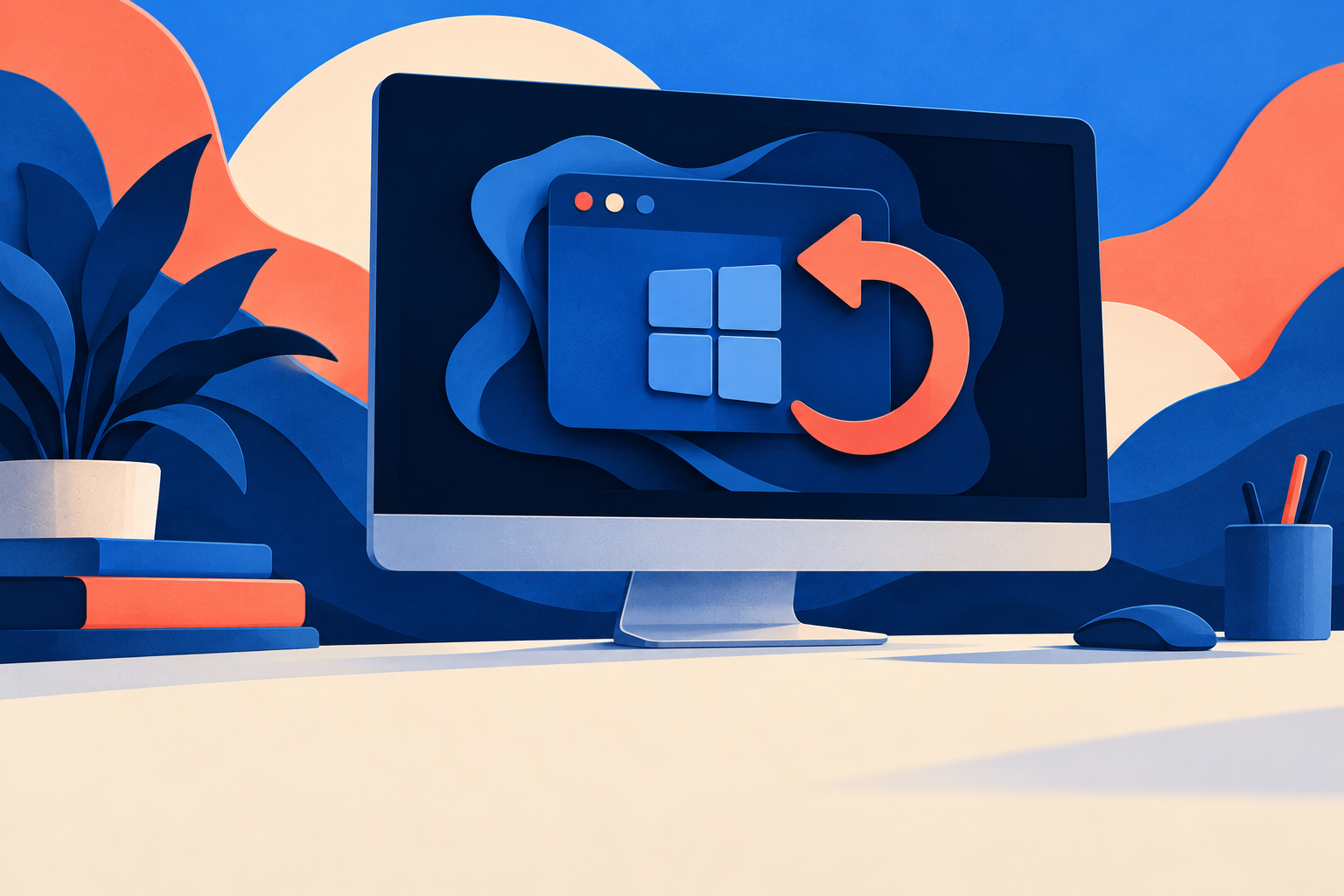 Blue and coral paper-cut illustration of a dark computer screen and a recovery arrow