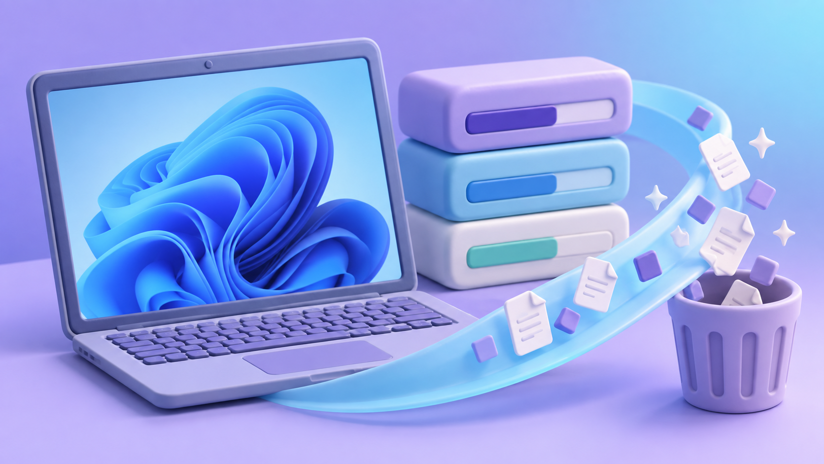 Lavender and cyan clay-style illustration of a laptop, storage blocks and a cleanup ribbon carrying temporary files toward a bin.