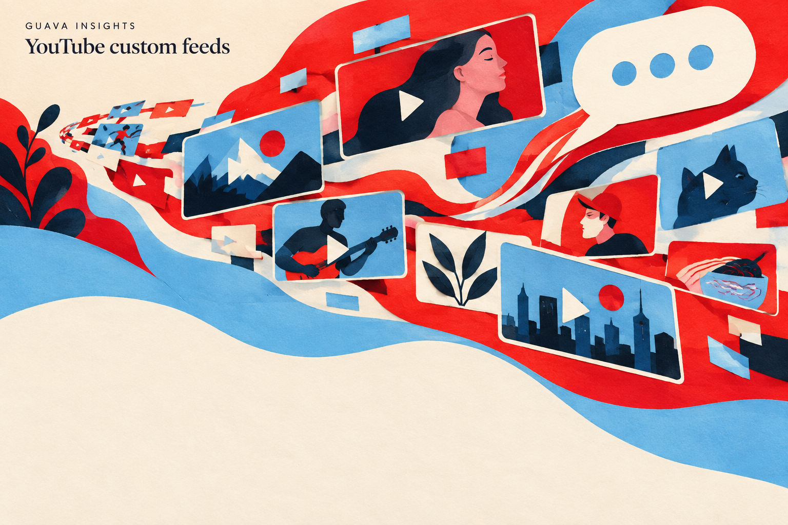 Red and blue cut-paper illustration of video tiles and a shopping speech bubble