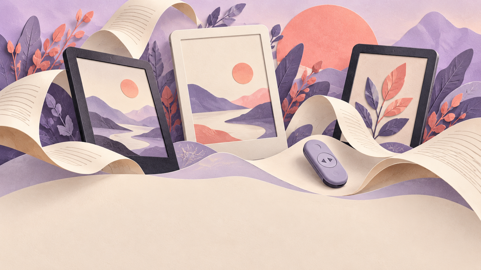 Lavender and coral paper collage of abstract e-readers, curling pages and a small remote; conceptual product illustration.