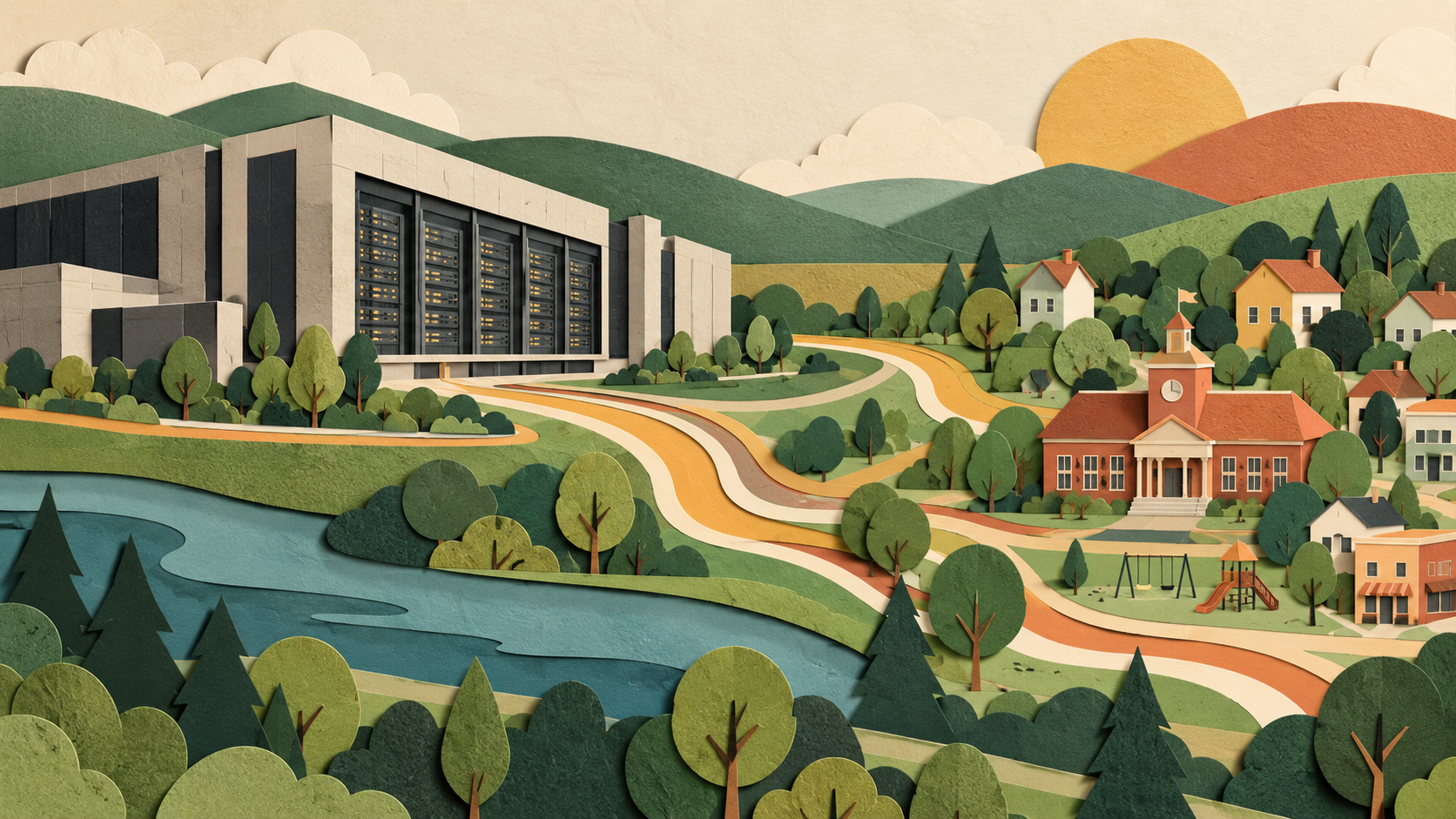 Paper-cut conceptual illustration of a data center linked to schools, homes and a surrounding community.