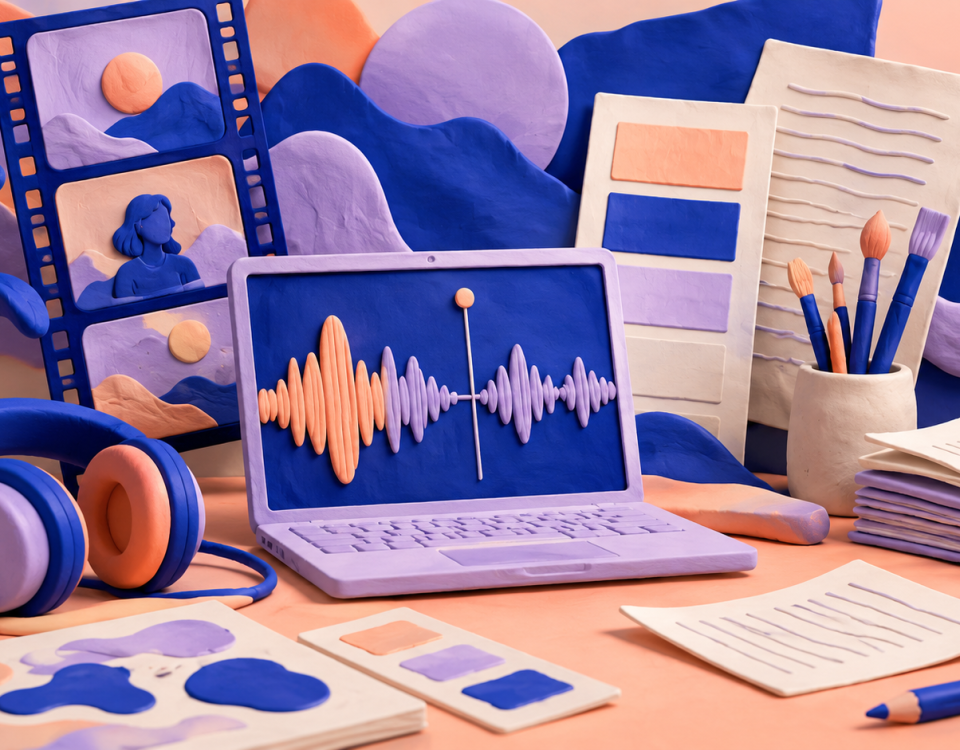 Peach and cobalt clay illustration of film frames, music waveforms, paint swatches and document pages.