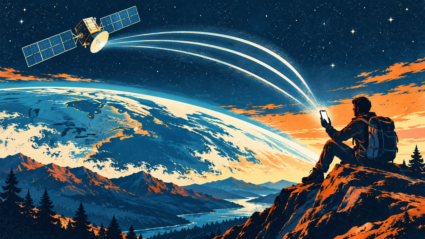 Screenprint-style conceptual illustration of a satellite linking to a phone on a remote mountain ridge.