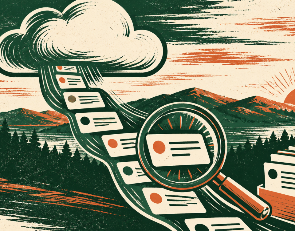 Forest green and terracotta linocut illustration of cloud event cards, a magnifying glass and exported files.