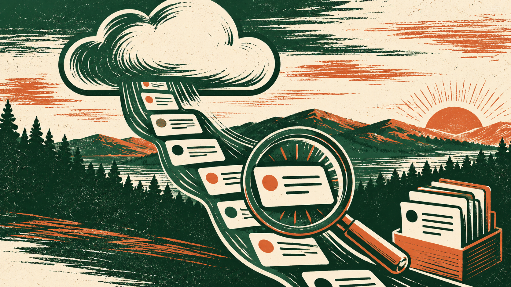 Forest green and terracotta linocut illustration of cloud event cards, a magnifying glass and exported files.