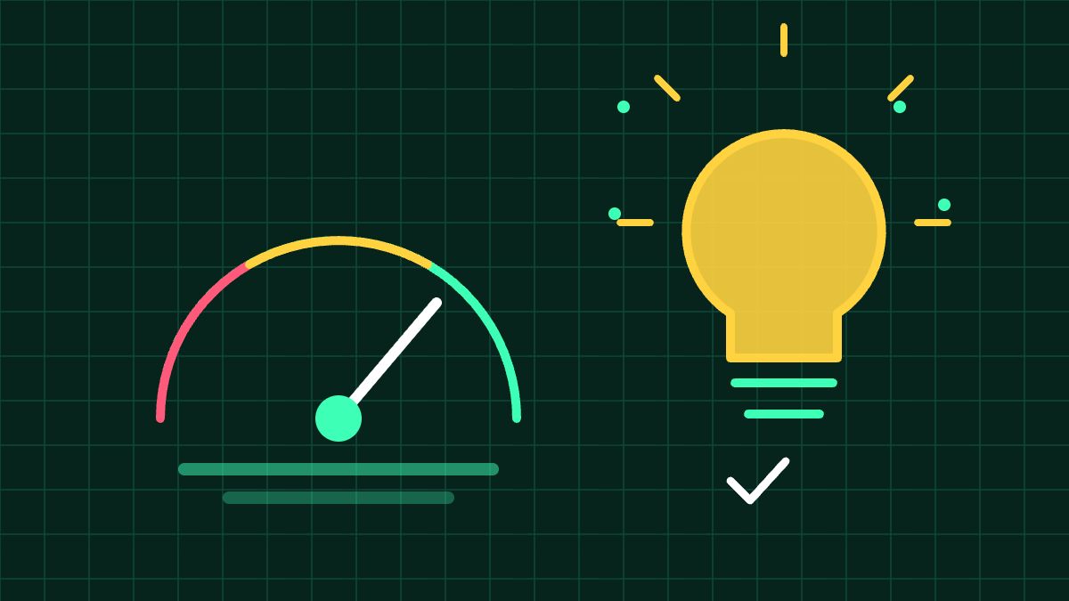 Neon green line-art gauge and glowing yellow light bulb on a dark green blueprint grid