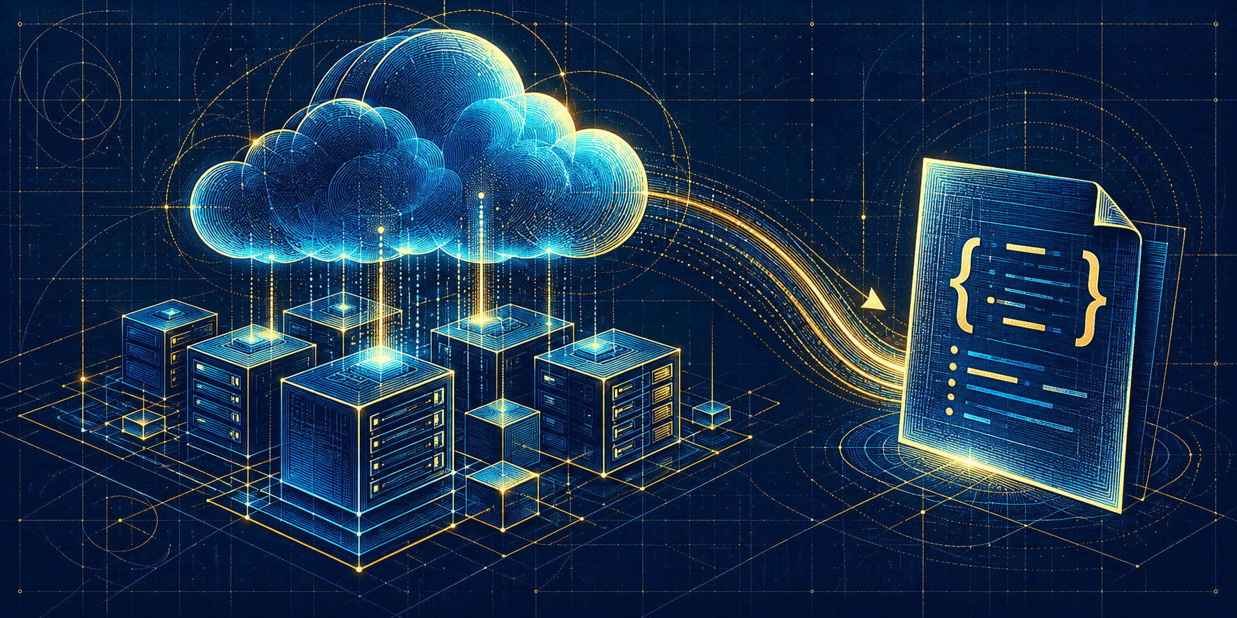 Blue and gold blueprint illustration of cloud infrastructure and a document representing an exported template.