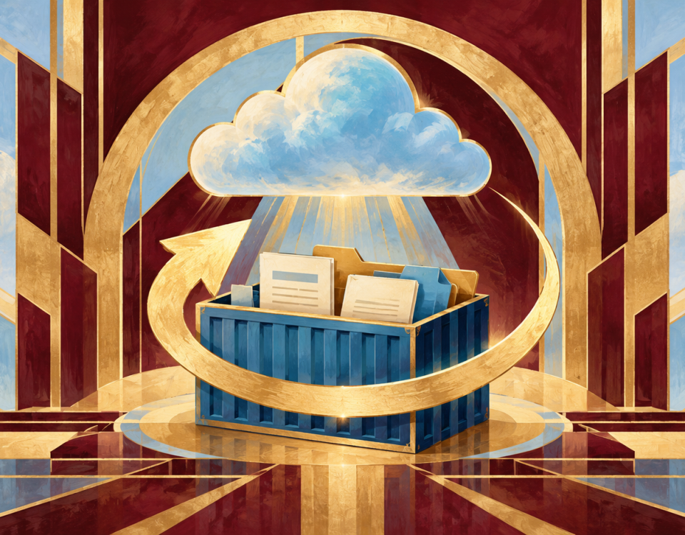 Burgundy, gold and blue Art Deco illustration of cloud storage files encircled by a recovery arrow.