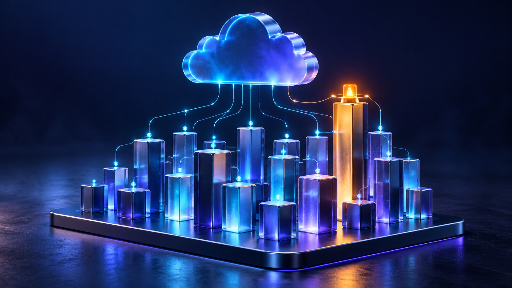 Indigo and cyan glass cloud above columns, with an amber beacon highlighting an unusually tall column.
