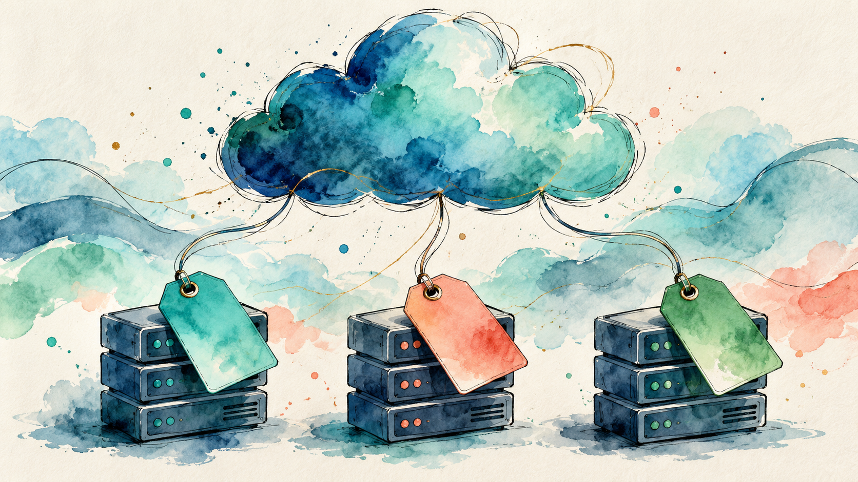 Teal watercolor cloud above three server stacks with blank colorful hanging tags.