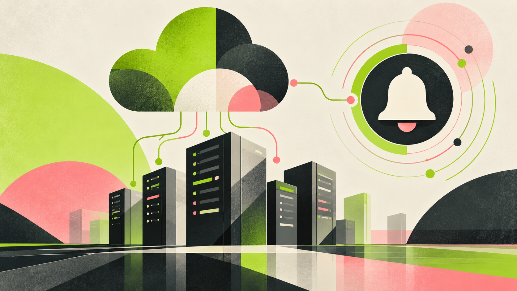 Lime, charcoal and pink geometric illustration of a cloud connected to servers and a notification bell.