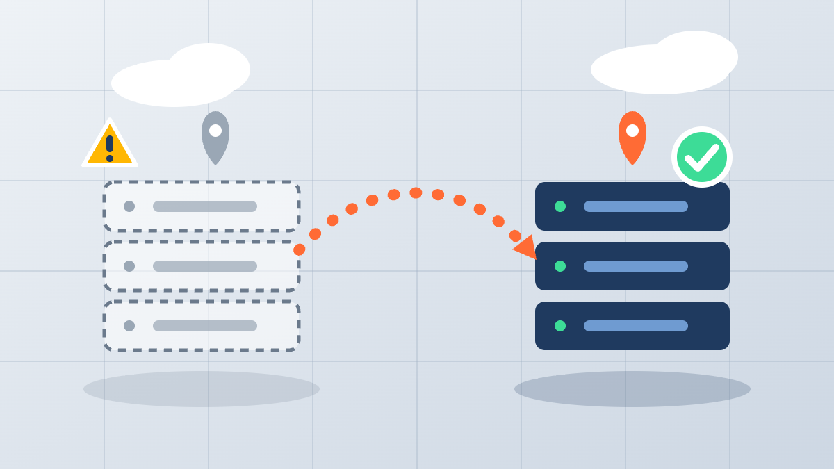 A dashed, faded server stack sending data along an orange arrow to a solid navy server stack with a green checkmark