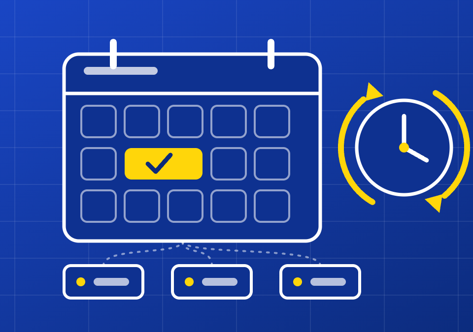 White line-art calendar with a highlighted maintenance window, a clock with refresh arrows and three server boxes on a cobalt blueprint background