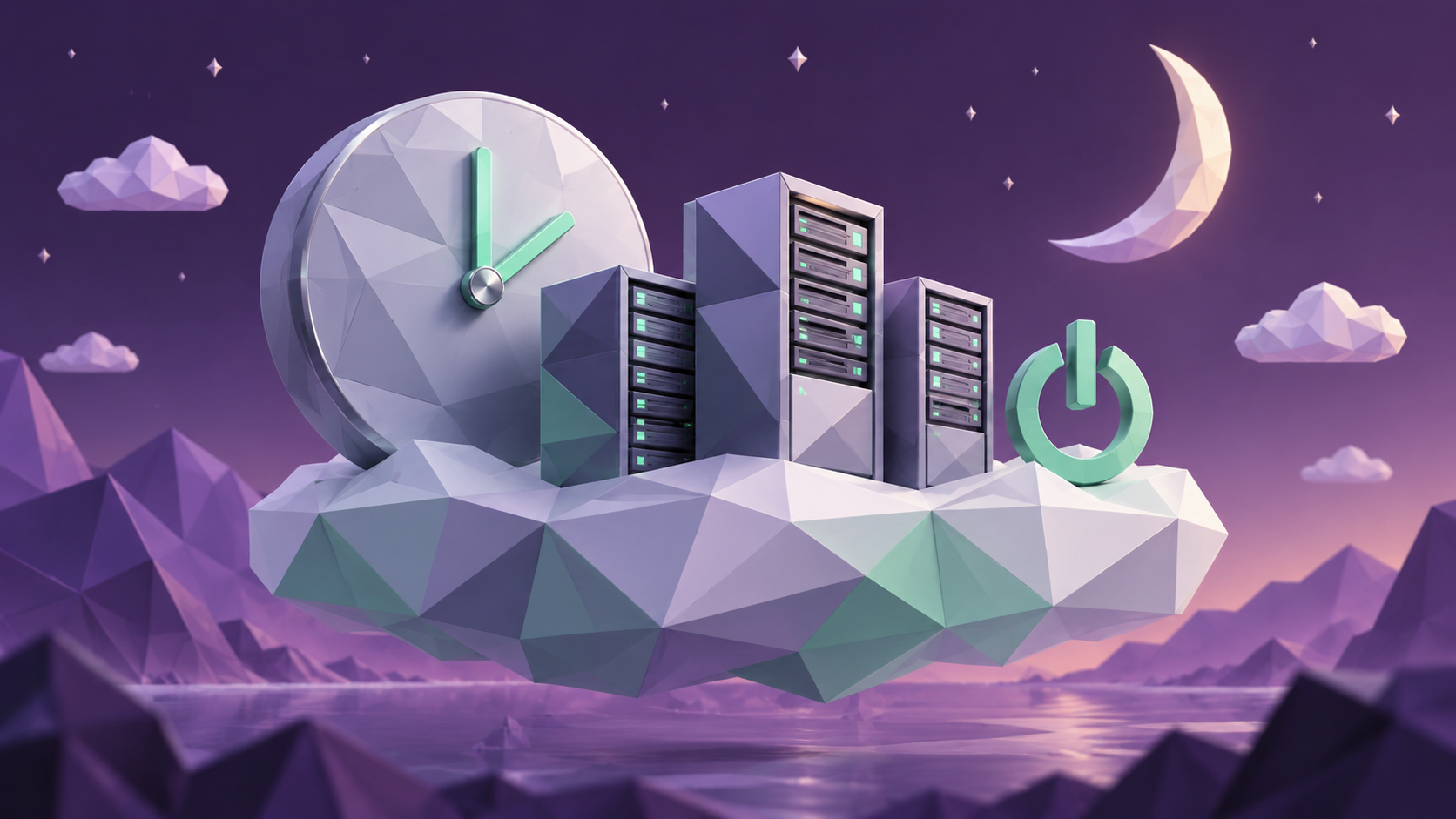 Plum and mint low-poly illustration of servers on a cloud platform with a clock, crescent moon and power symbol.