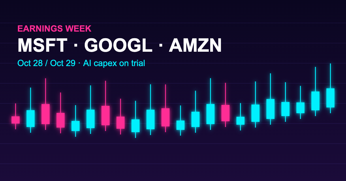 Neon cyan and magenta candlestick chart on dark purple with text Earnings Week MSFT GOOGL AMZN Oct 28 and 29
