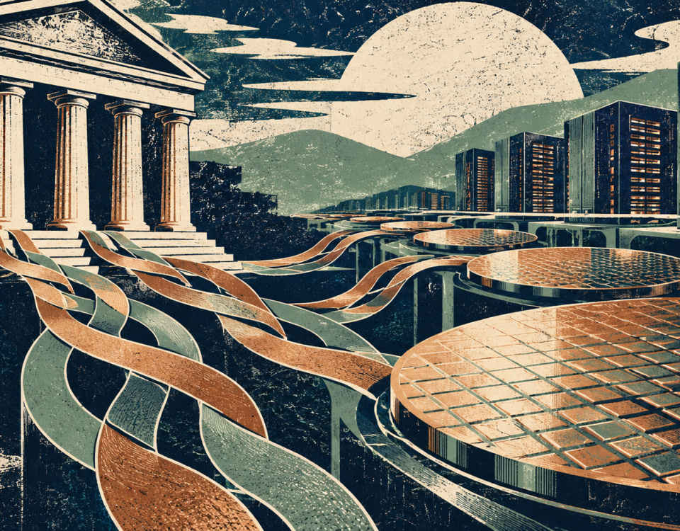 Linocut bank pillars connected to chip wafers and data-centre silhouettes in navy and copper.