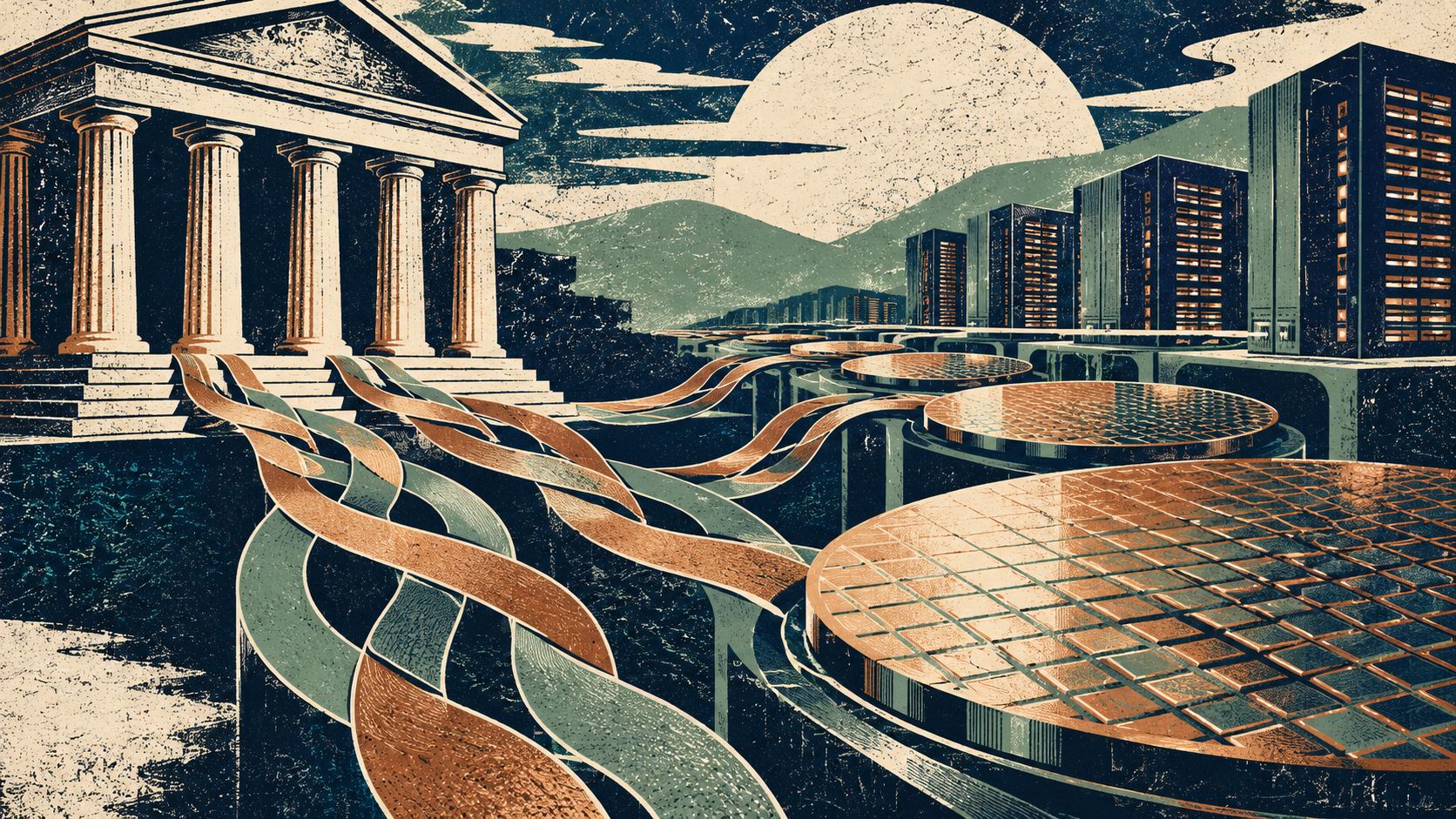 Linocut bank pillars connected to chip wafers and data-centre silhouettes in navy and copper.