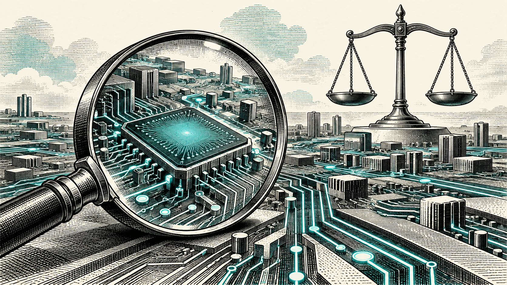 Ink engraving-style conceptual illustration of a magnifying glass over circuits with balanced justice scales.