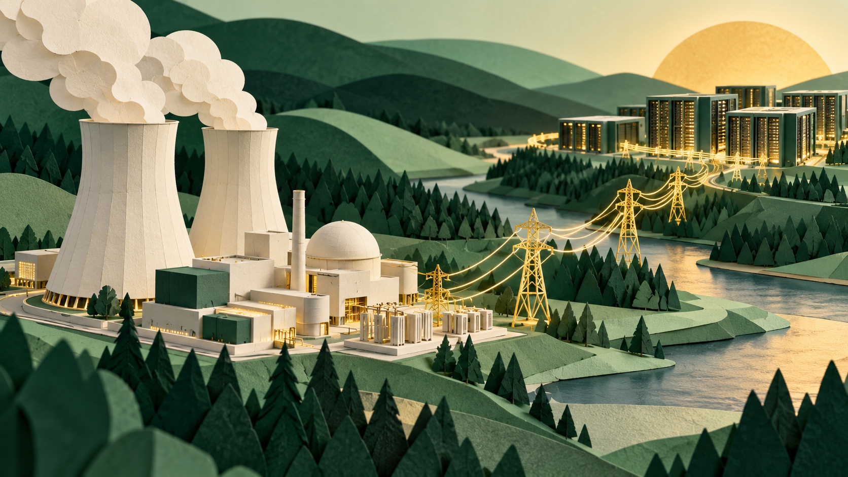 Paper sculpture of a conceptual nuclear power facility connected to distant data server blocks.