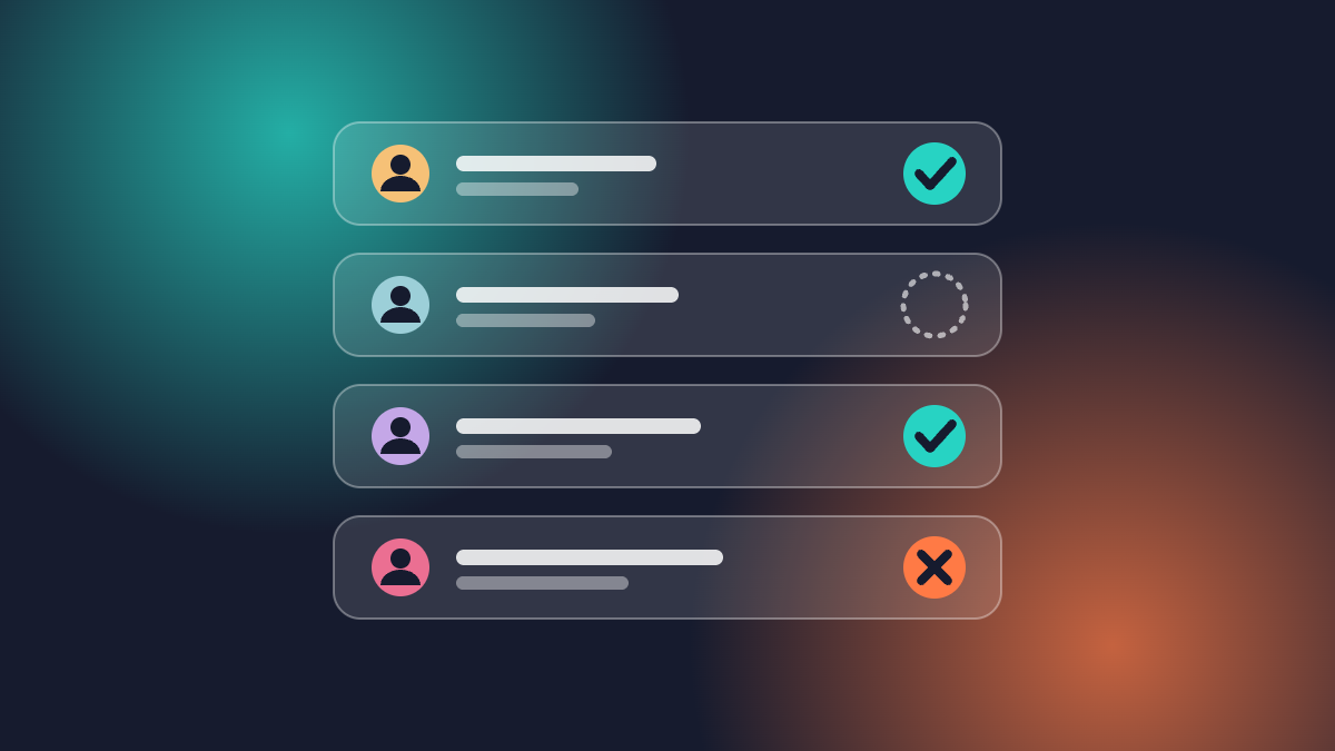 Four glass cards with user avatars marked approved, pending or denied on a dark background with teal and orange glows