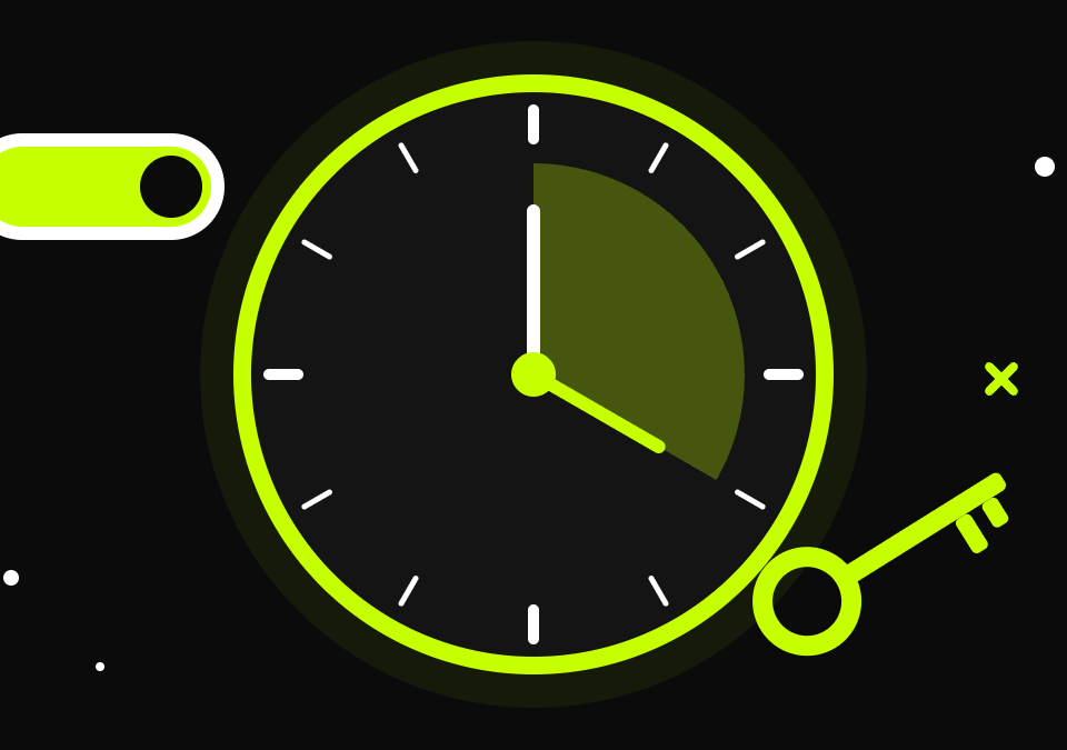 Black clock face with a lime time-bound arc, a lime key and an on-toggle switch