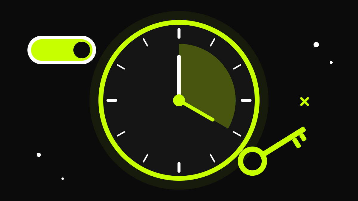 Black clock face with a lime time-bound arc, a lime key and an on-toggle switch