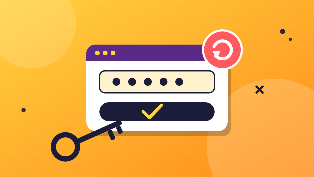 Browser window with a password field and a red reset badge next to a dark key on an amber background