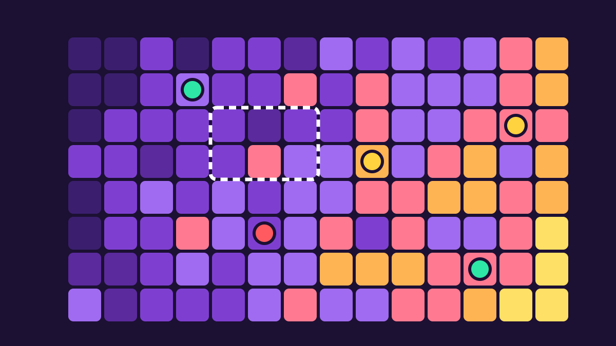 Grid of rounded cells shaded from deep purple to yellow like a heat map, with coloured status dots and a dashed selection box
