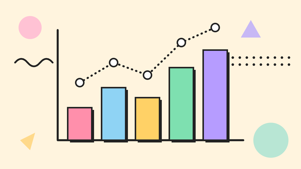 Pastel bar chart with a dotted trend line and playful Memphis-style shapes on a cream background