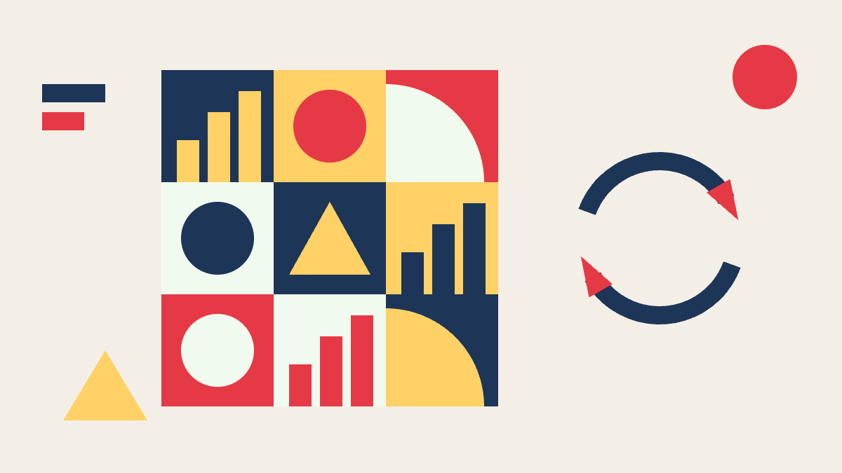 Bauhaus-style grid of red, blue and yellow shapes and bar charts beside two circular pivot arrows