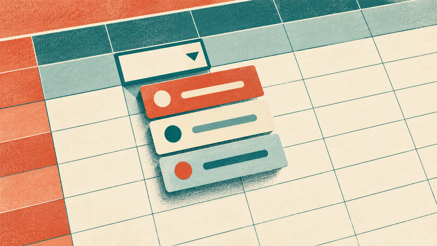 Terracotta and teal print illustration of a spreadsheet cell unfolding into three dropdown choices.