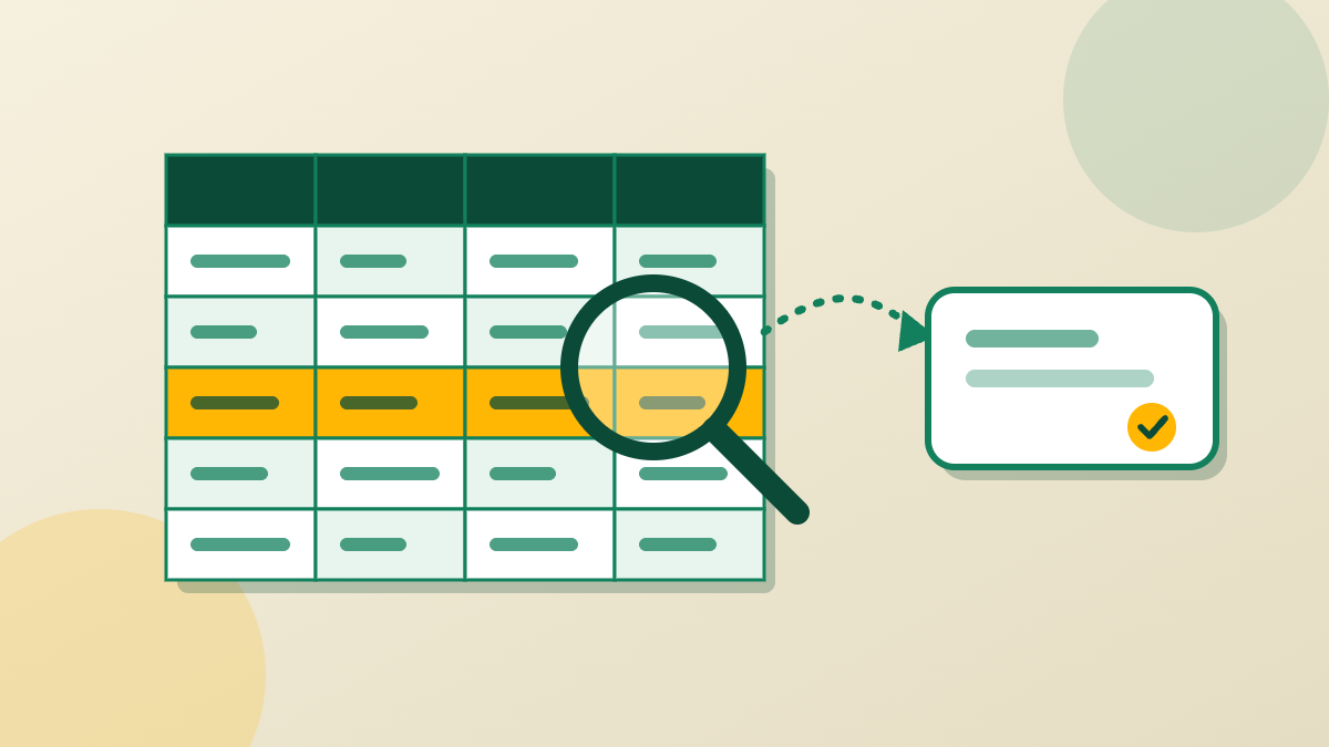 Magnifying glass over a highlighted spreadsheet row with the result shown in a card, in emerald green and cream